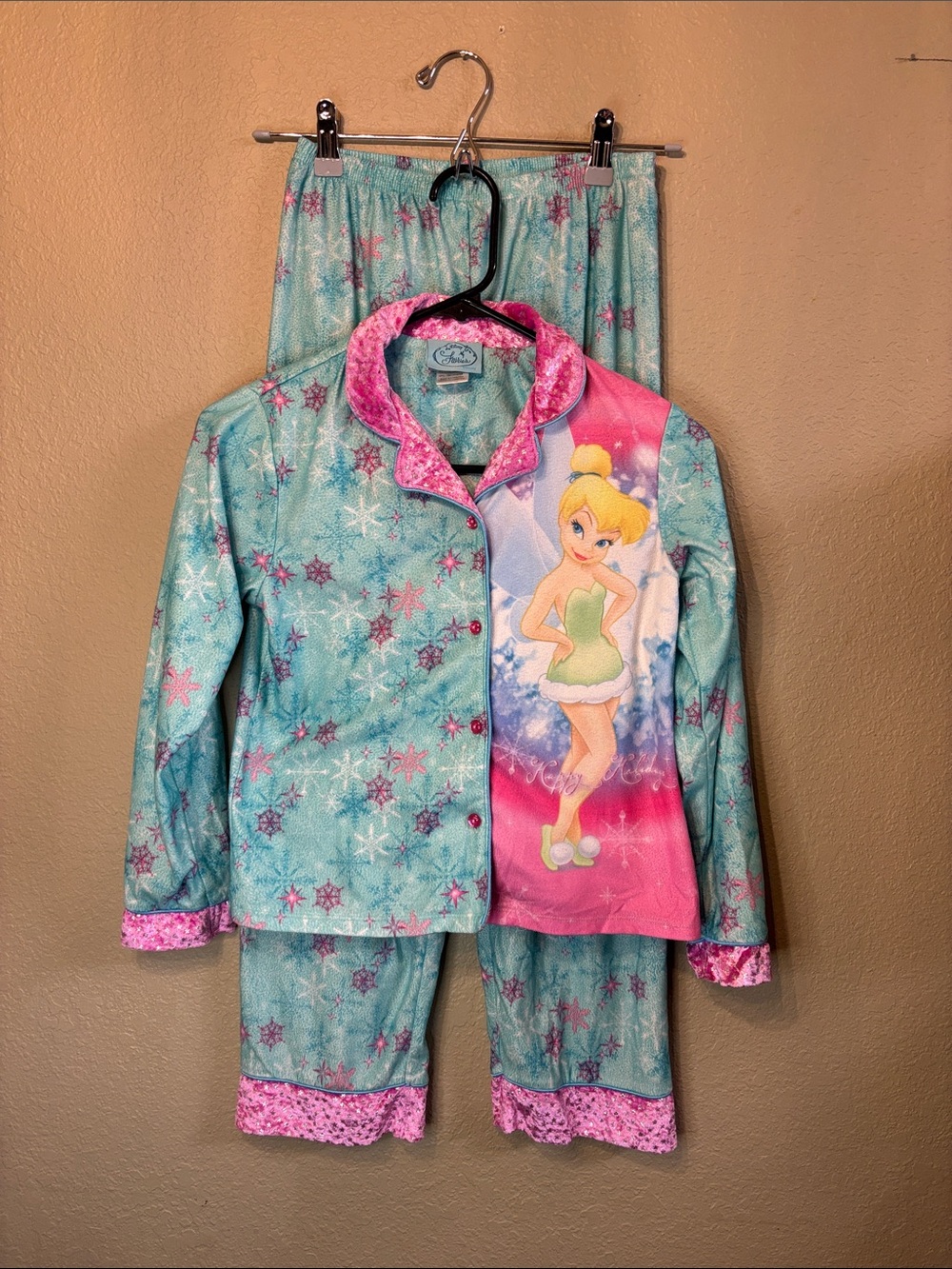 Disney Pajama Set Girls Tinker Bell Teal & Pink Snowflake Top & Pants L 10/12